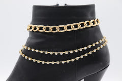 Brand New Women 2PCS Gold Metal Boot Chain Bracelet 3 Strands Charm Shoe Anklet BC73