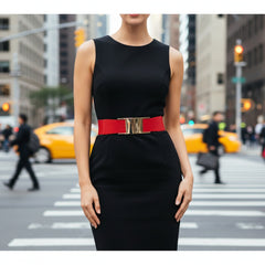 Brand New Women Red Elastic Waistband Fashion Belt Rectangle Gold Metal Buckle Size S M - WB6