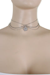 Brand New Women’s Silver-Tone Flower Charm Choker Necklace, Adjustable Layered Chain Rhinestone Pendant Fashion Jewelry, Dainty Necklace For Brunch, Vacation, Dinner And Going Out Style - WN24