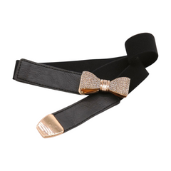 Brand New Women Black Skinny Elastic Waistband Fashion Belt Gold Metal Bling Bow Ribbon Buckle Size S M - WB9