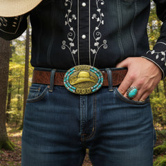 NEW Men Antique Gold Metal Belt Buckle Cowboy Hat Turquoise Blue