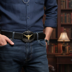 NEW Men Oval Belt Buckle Pewter Black Metal Gold Long Horn Cow Bull Western Spikes