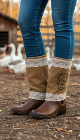 Brand New Women Western Boot Cover Topper Pair Long Beige Fabric Lace Slip On Sugar Skulls