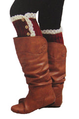Brand New Women Boots Cover Topper Pair Red Winter Fabric Slip On White Crochet + Buttons