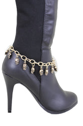 Brand New Women Gold Metal Boot Chain Bracelet Shoe Anklet Mini Skulls Charm SET BC205