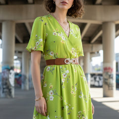 Brand New Women Brown Elastic Waistband Fashion Belt Gold Bling Metal Knot Buckle Size S M - WB15