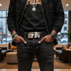 Men Silver Metal Belt Buckle Hip Hop Street Fashion Club 100$ Bill Money Hood