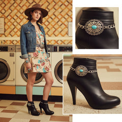 Brand New Women 2PCS Silver Metal Boot Chain Bracelet Shoe Anklet Oval Flower Charm Turquoise Blue Bead Set Fashion Jewelry - A PAIR BC12