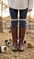 Brand New Women Boot Cover Toppers Pair Blue Winter Fabric Slip On White Crochet Buttons