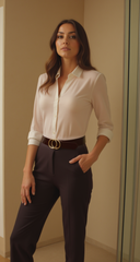 Women Chocolate Brown Faux Leather Skinny Belt Gold Metal Circles Buckle Fit Size M L