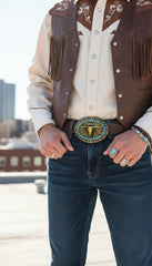 New Men Women Rusty Gold Metal Buckle Western Fashion Bull Long Horns Cow Texas TX