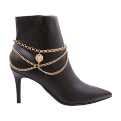 Brand New Women Gold Metal Chain Boot Bracelet Shoe Anklet Lion Head + Waves Charm SET BC123