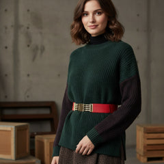 Brand New Women Coral Elastic Waistband Fashion Belt Gold Stripes Metal Buckle Size S M - WB14