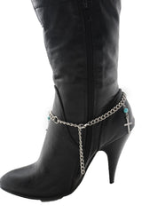 Brand New Women Silver Metal Boot Chain Bracelet Shoe Anklet Ethnic Turquoise Blue Bead Cross Circle Charms SET BC259