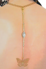 Handmade Gold Tone Coin Back Pendant, Hook On Necklace Attachment, Rhinestone Open Back Bridal Wedding Dress Jewelry, 7 Inch Drop WN82