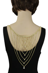 Gold Tone Rhinestone Waterfall Back Necklace, Open Back Wedding Dress Jewelry, Layered Bridal Back Chain, Clear Teardrop Drop WN80