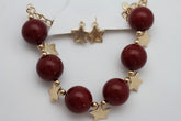 Brand New Red Brown Beaded Necklace and Earrings Set for Women with Gold Tone Star Charms, Adjustable Statement Jewelry, WN60