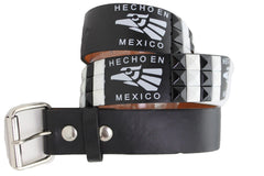 Brand New Men Women Hecho En Mexico Printed Black Belt, Silver Buckle Faux Leather Graphic Strap + Studs, Adult Size Small 26 - 30 M23