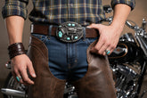 New Men Western Buckle Dark Silver Color Metal Revolver Gun Feather Bull Turquoise