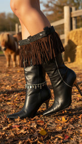 Brand New New Women Brown Boots Topper Faux Suede Leather Fringes Winter Flower Charm Pair