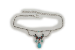 Brand New Women Silver Metal Boot Chain Bracelet Shoe Anklet Ethnic Wave Turquoise and Red Beads Charm SET BC147