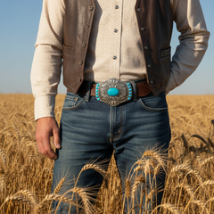 Western Style Ethnic Turquoise Beads Silver Metal Buckle