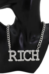 Brand New Women Statement Necklace RICH Word Charm Silver Tone Adjustable WN62