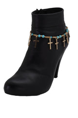 Brand New Women Gold Metal Boot Chain Bracelet Shoe Anklet Turquoise Blue Cross Charms SET BC214
