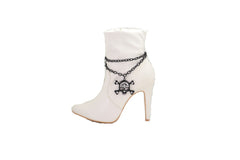 Brand New Women Black Metal Boot Chain Bracelet Shoe Anklet Bling Skull Charm SET BC185
