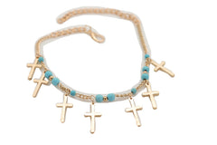 Brand New Women Gold Metal Boot Chain Bracelet Shoe Anklet Turquoise Blue Cross Charms SET BC214