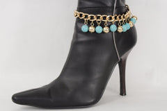 Brand New Women Gold Metal Boot Chain Bracelet Shoe Anklet Turquoise Blue Beads Ball Charms SET BC277