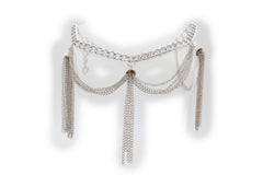 Brand New Women Silver Metal Boot Chain Bracelet Shoe Anklet Long Fringes Tassel + Waves Charm SET BC195