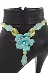 Brand New Women Silver Metal Boot Chain Bracelet Shoe Anklet Elegant Blue Flower Bling Charm SET BC229