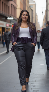 Cool Women Waistband Elastic Purple Urban Style Fashion Belt Big Square Buckle M L