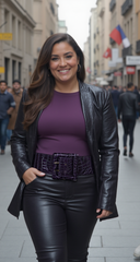 Cool Women Waistband Elastic Purple Urban Style Fashion Belt Big Square Buckle M L