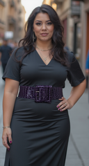 Cool Women Waistband Elastic Purple Urban Style Fashion Belt Big Square Buckle M L