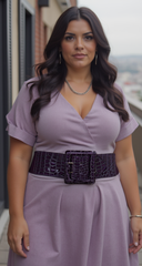 Cool Women Waistband Elastic Purple Urban Style Fashion Belt Big Square Buckle M L