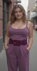 Women Fashion Dark Purple Elastic Faux Leather Belt Hip High Waist Square M L XL