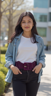 Women Fashion Dark Purple Elastic Faux Leather Belt Hip High Waist Square XS S M