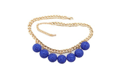 Brand New Women’s Women Short Statement Necklace Gold Chain Blue Bead Charms - WN32