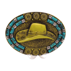 NEW Men Antique Gold Metal Belt Buckle Cowboy Hat Turquoise Blue