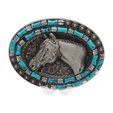 Men Western Belt Buckle Silver Metal Horse Turquoise Blue Beads