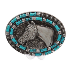 Men Western Belt Buckle Silver Metal Horse Turquoise Blue Beads