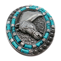 Men Western Belt Buckle Silver Metal Horse Turquoise Blue Beads