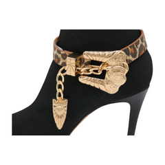 Women Gold Metal Chain Boot Bracelet Anklet Shoe Charm Leopard Animal Print Band