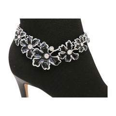 Women Silver Metal Boot Chain Bracelet Shoe Black Flower Charm
