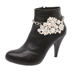 Women Silver Metal Boot Chain Bracelet Anklet Shoe Bling Rhinestone Flower Charm