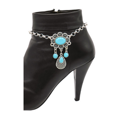 Women Ethnic Silver Metal Chain Boot Bracelet Anklet Shoe Turquoise Blue Charm
