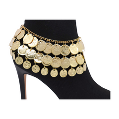 Women Gold Metal Chain Boot Bracelet Shoe Anklet Ethnic Coin Charms