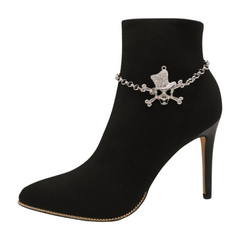 Brand New Women’s Silver Boot Chain Anklet Set – 2PCS Western Gothic Skull Charm Bracelets for Boots – Adjustable Shoe Bling Jewelry for Festival, Punk Rock, Rodeo, Handmade in USA – BC998